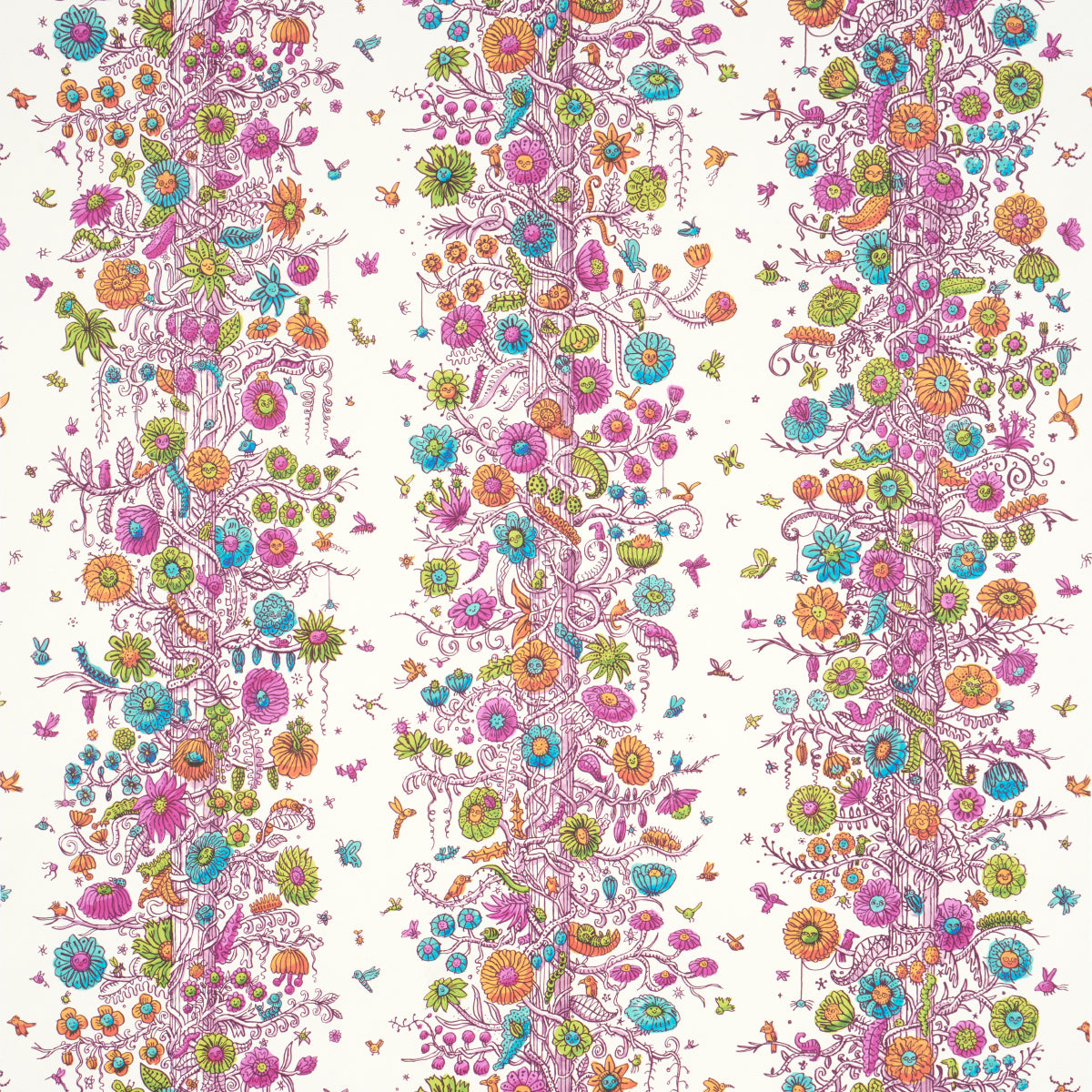 Colorful botanical wallpaper design featuring vertical towers of bright flowers in pink, purple, blue and orange on white.