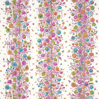 Colorful botanical wallpaper design featuring vertical towers of bright flowers in pink, purple, blue and orange on white.