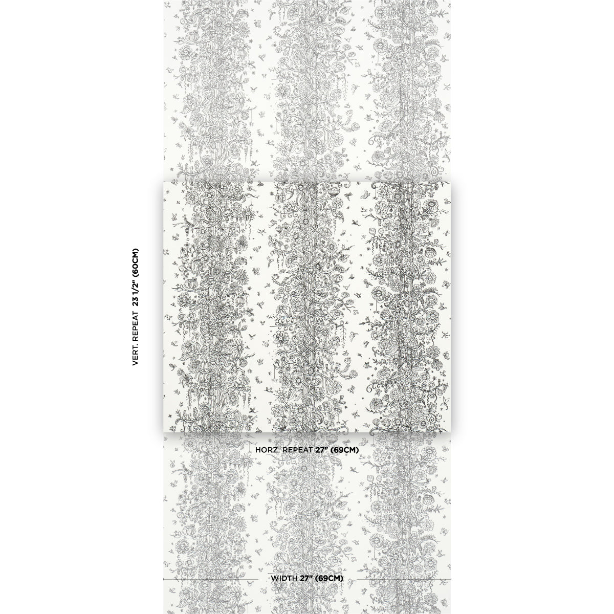 Black and white damask floral wallpaper with vertical repeating stripes for elegant wall decor.