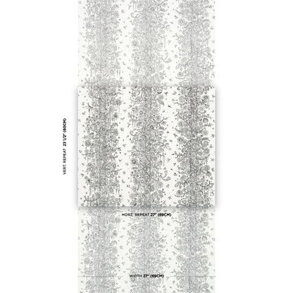 Black and white damask floral wallpaper with vertical repeating stripes for elegant wall decor.