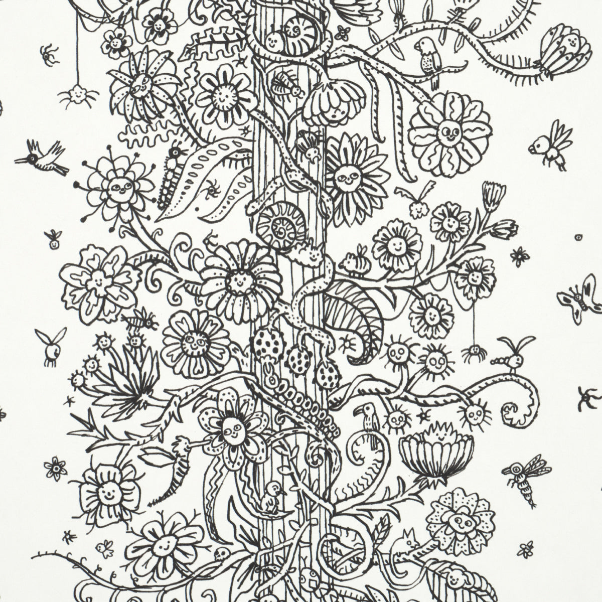 Intricate black-and-white line drawing of towers of flowers with blossoms, leaves, bees and butterflies.