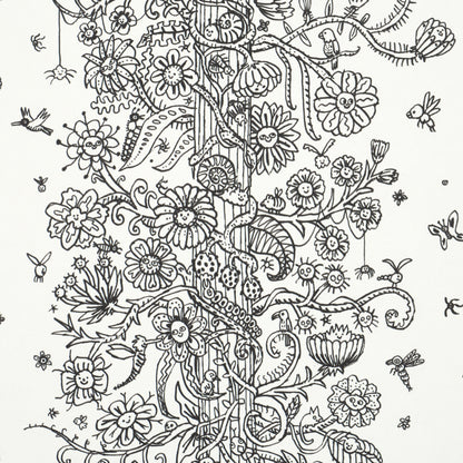 Intricate black-and-white line drawing of towers of flowers with blossoms, leaves, bees and butterflies.