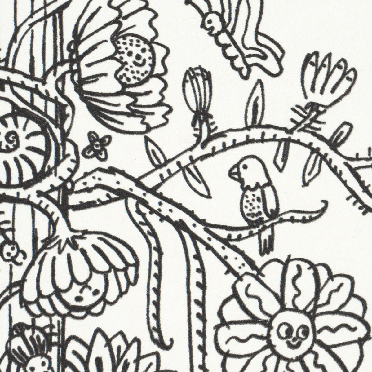 Whimsical black-and-white botanical line art wallpaper pattern featuring towers of flowers and vines.