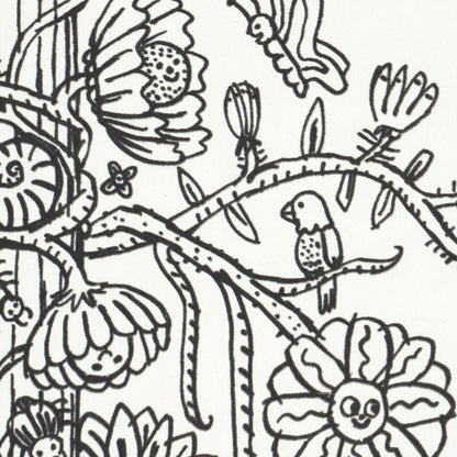 Whimsical black-and-white botanical line art wallpaper pattern featuring towers of flowers and vines.