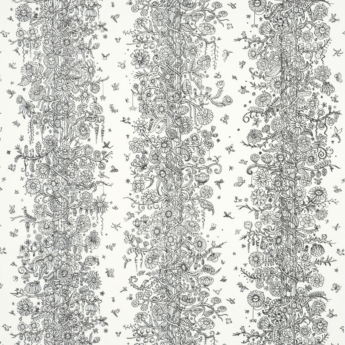 Black-and-white botanical pattern with vertical vines of flowers and foliage, intricate line art for fabric or wallpaper.