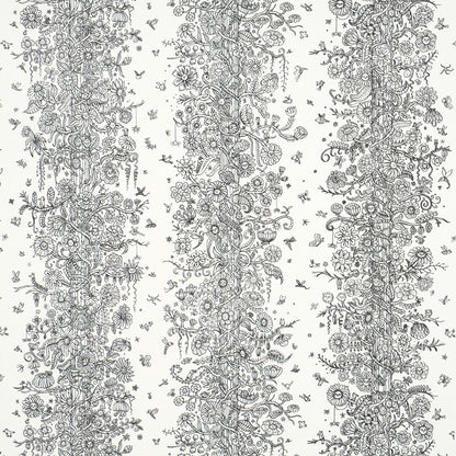 Black-and-white botanical pattern with vertical vines of flowers and foliage, intricate line art for fabric or wallpaper.