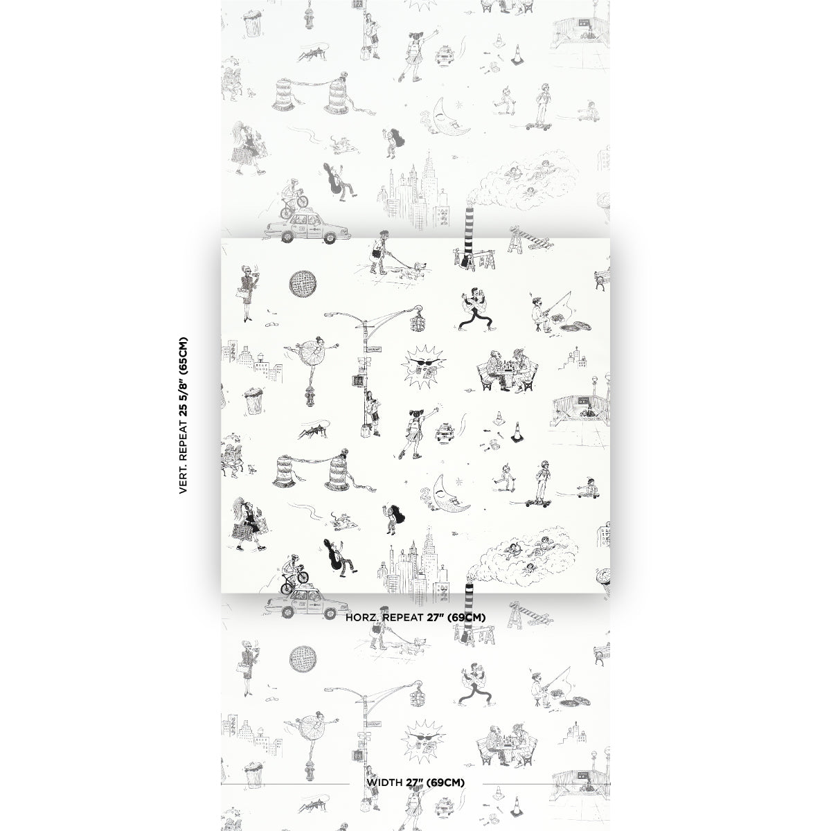 Grey sketch-pattern wallpaper sample with whimsical people and city scenes on a folded panel.