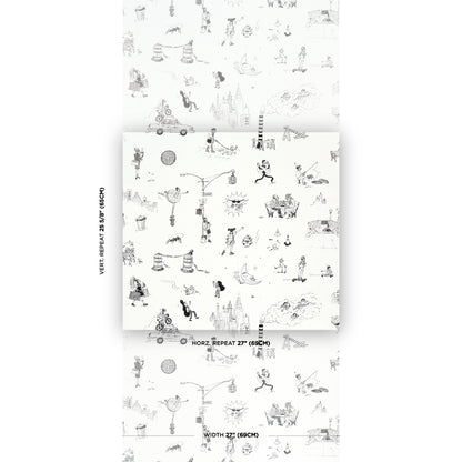 Grey sketch-pattern wallpaper sample with whimsical people and city scenes on a folded panel.