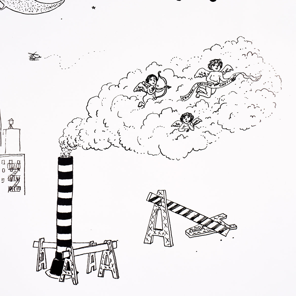 Black-and-white line drawing: striped smokestack beside a factory, clouds with angels, tiny helicopter and glider plane.