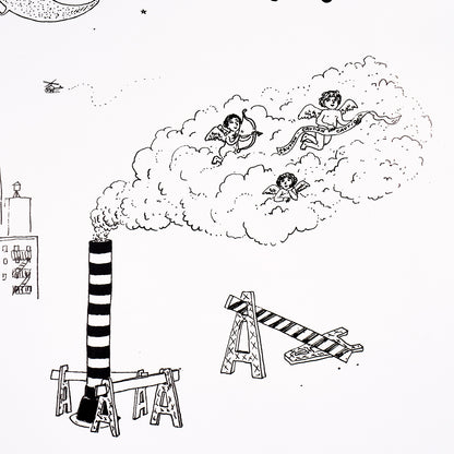 Black-and-white line drawing: striped smokestack beside a factory, clouds with angels, tiny helicopter and glider plane.