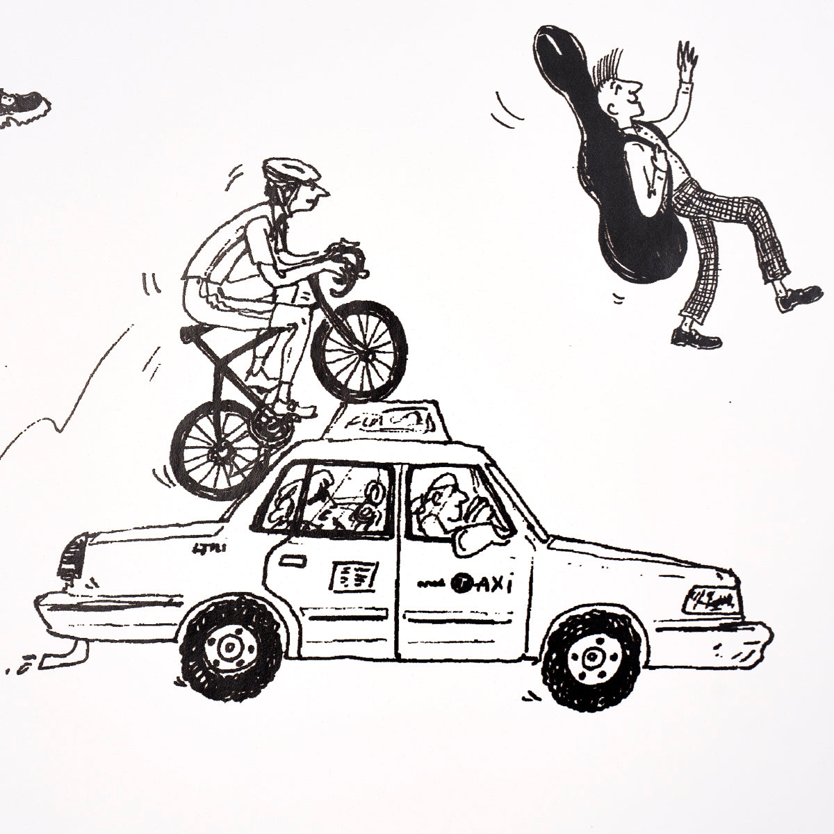 Monochrome cartoon: a taxi with a BMX rider jumping onto its roof as a man flies by with a giant guitar.