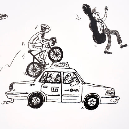 Monochrome cartoon: a taxi with a BMX rider jumping onto its roof as a man flies by with a giant guitar.