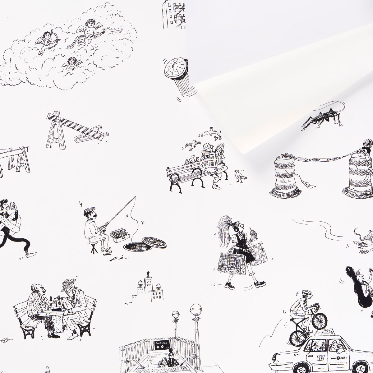 White tissue paper with whimsical black line-drawn doodles of people, animals, and city scenes; ideal for gift wrapping.