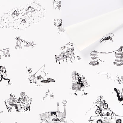 White tissue paper with whimsical black line-drawn doodles of people, animals, and city scenes; ideal for gift wrapping.