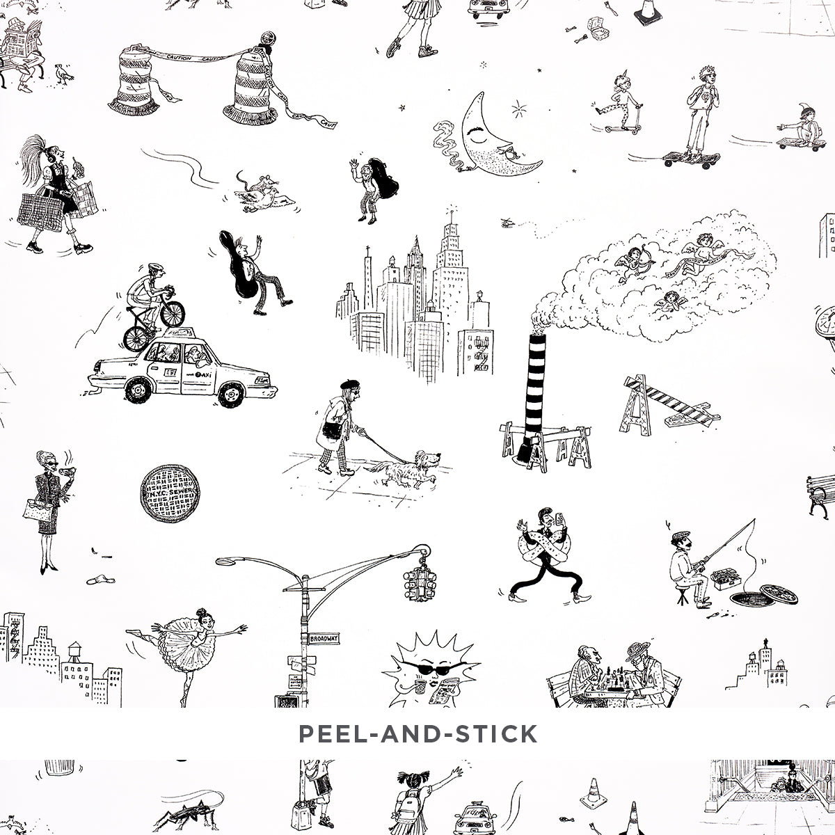 Black-and-white whimsical doodle collage for peel-and-stick wall decals featuring cityscapes, people and vehicles.