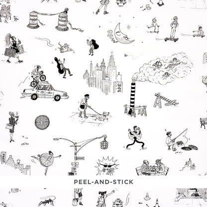 Black-and-white whimsical doodle collage for peel-and-stick wall decals featuring cityscapes, people and vehicles.