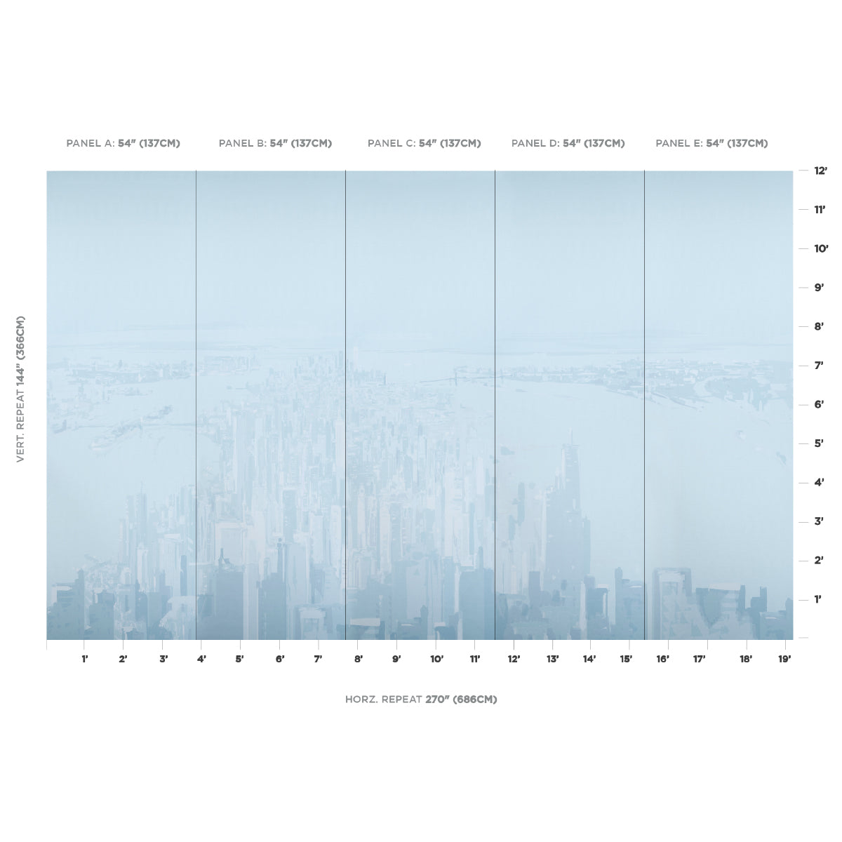 Light blue five-panel New York skyline wall mural with subtle gradient; contemporary panoramic design for living room.