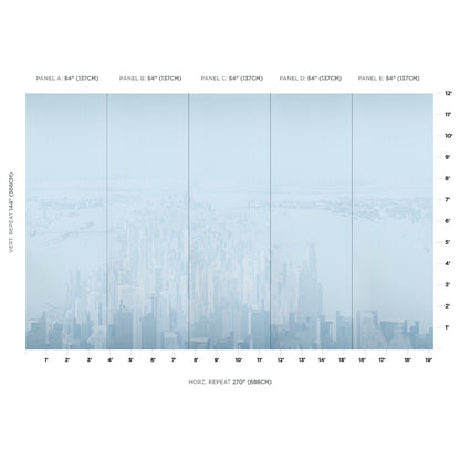 Light blue five-panel New York skyline wall mural with subtle gradient; contemporary panoramic design for living room.