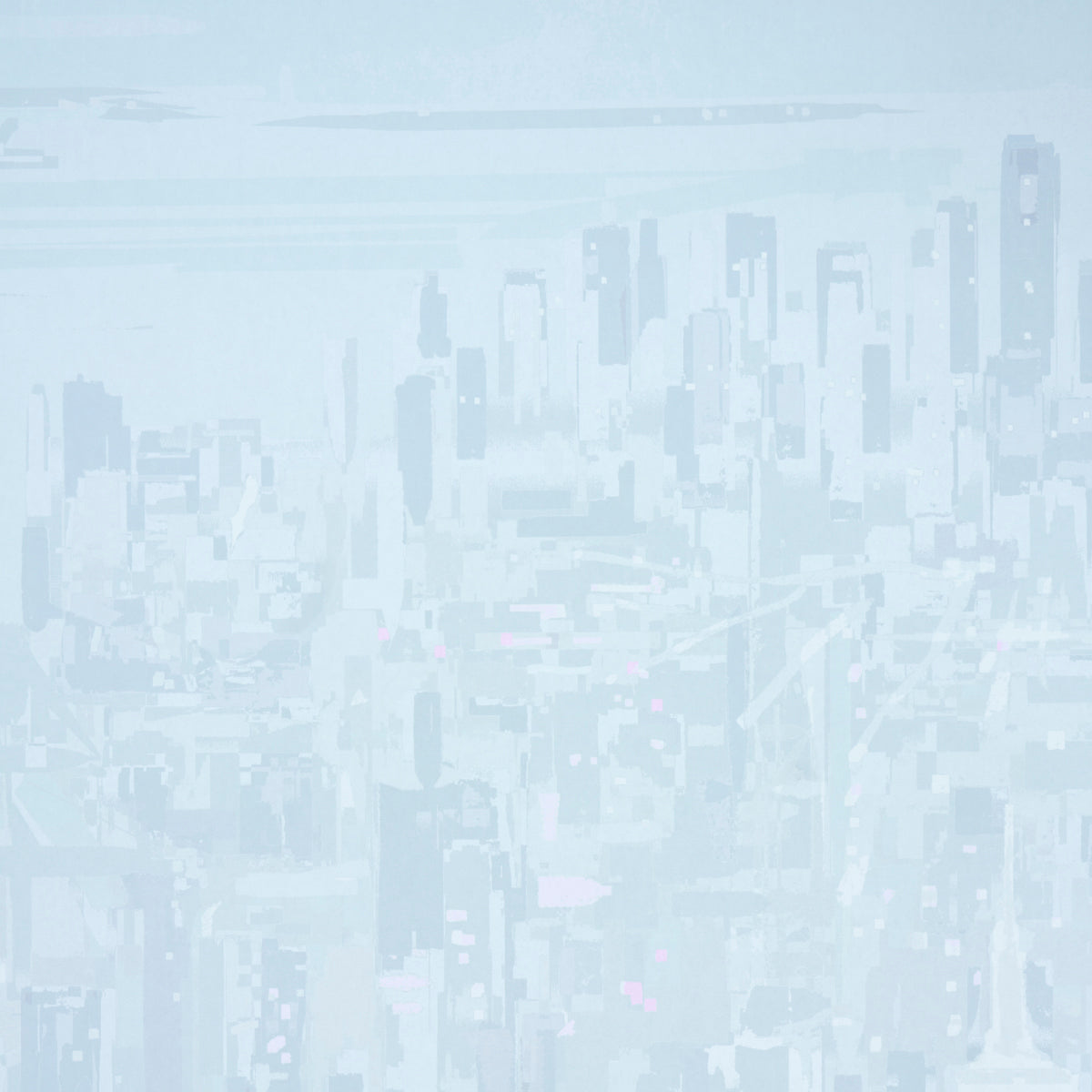 Soft blue-toned city skyline with tall skyscrapers and a hazy, washed-out background.