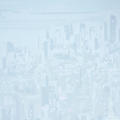 Soft blue-toned city skyline with tall skyscrapers and a hazy, washed-out background.