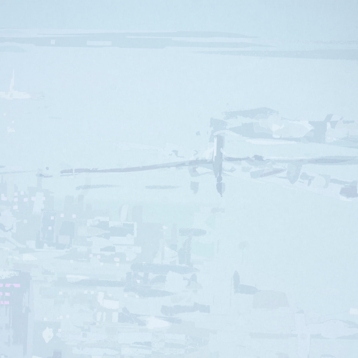 Pastel blue New York City skyline abstract wall art print; soft, airy cityscape.