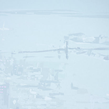 Pastel blue New York City skyline abstract wall art print; soft, airy cityscape.