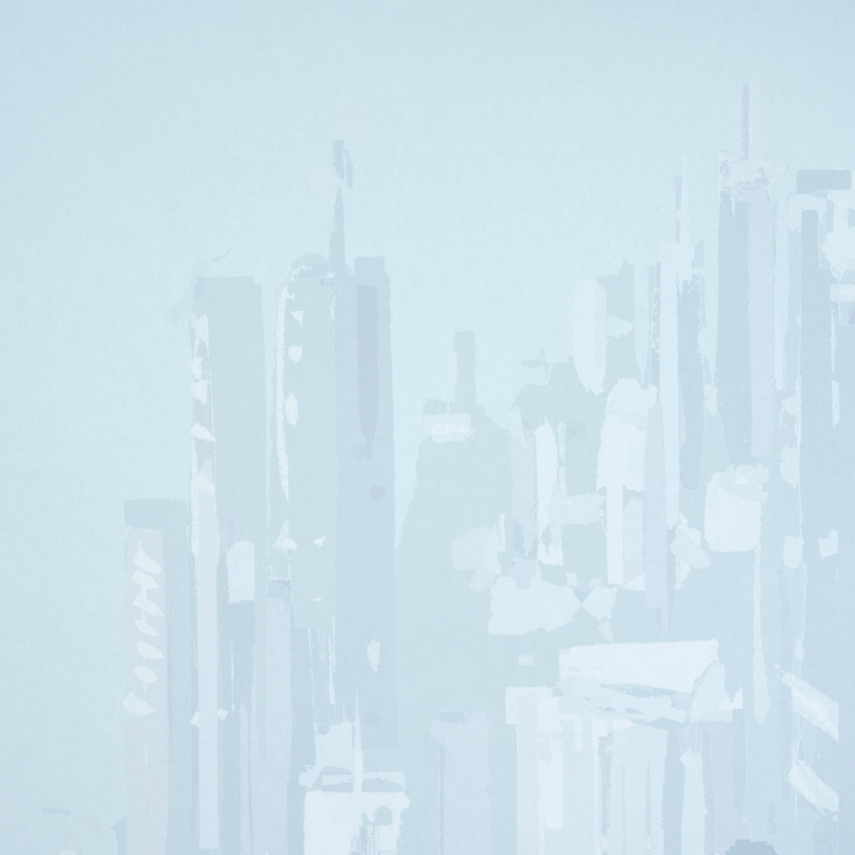 Soft blue abstract skyline with tall, foggy skyscrapers fading into the background.
