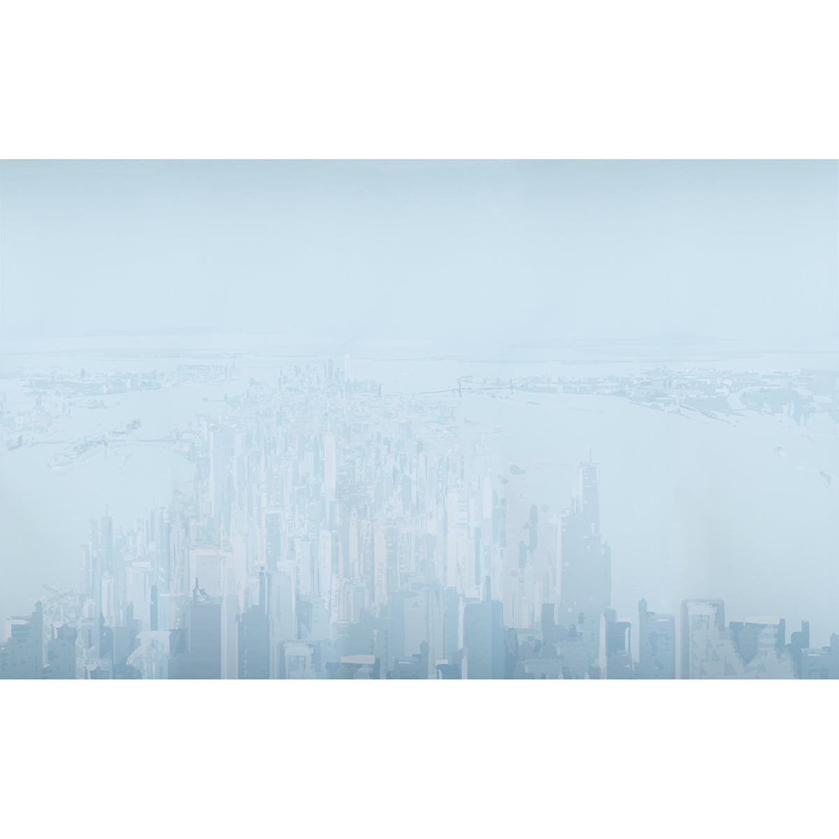 Blue-toned aerial view of a modern city skyline with tall glass skyscrapers fading into haze.