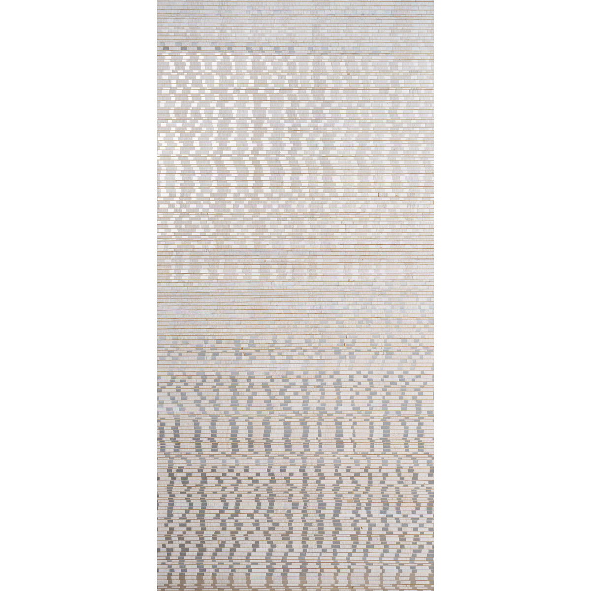 Long neutral woven rug with gray and beige stripes and geometric blocks; modern minimalist style.