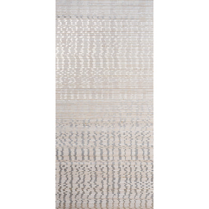 Long neutral woven rug with gray and beige stripes and geometric blocks; modern minimalist style.