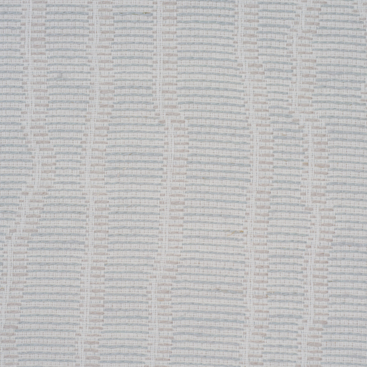 Light blue and ivory woven wallcovering with a subtle grid stripe pattern.