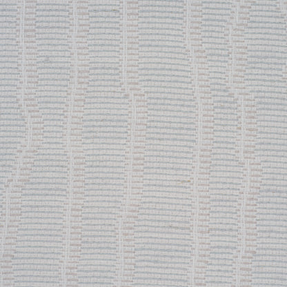 Light blue and ivory woven wallcovering with a subtle grid stripe pattern.