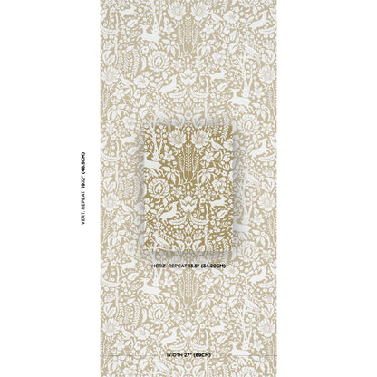 Beige damask wallpaper pattern with ivory floral motifs; vertical repeat for walls.