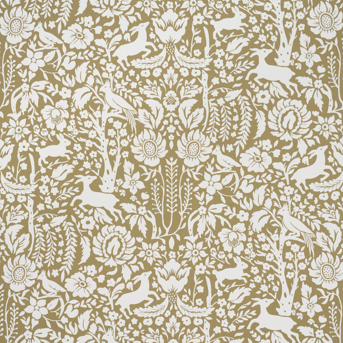 Cream birds-and-flowers woodland pattern on brown background; decorative wallpaper or fabric motif.