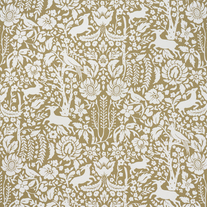 Cream birds-and-flowers woodland pattern on brown background; decorative wallpaper or fabric motif.
