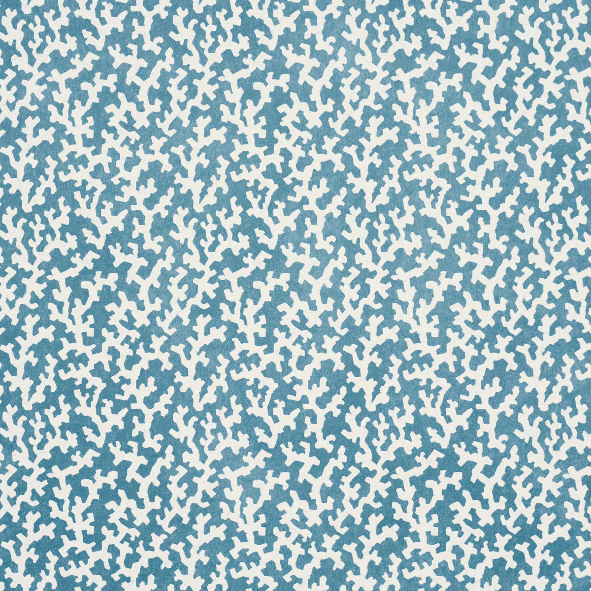 Teal fabric with a white coral-like branching pattern; coastal textile for upholstery, cushions & drapes.