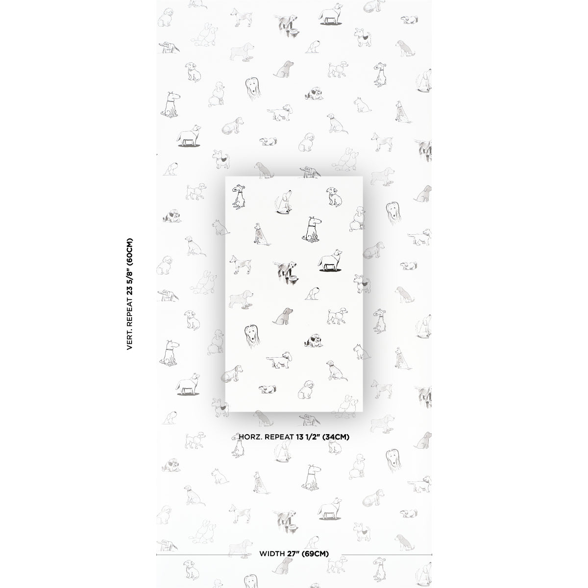 White wallcovering with black outlined dogs in a tiny repeating pattern; sample swatch shows 22" wide, 13.5" horizontal repeat.