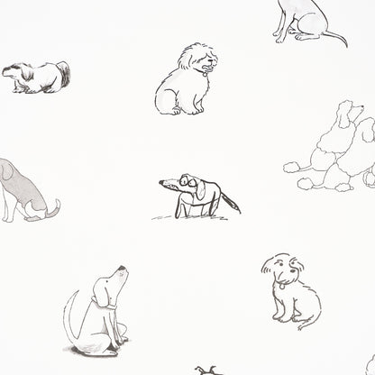 Gray pencil-drawn dog sketches in various poses scattered across a pale background; line-art pattern.
