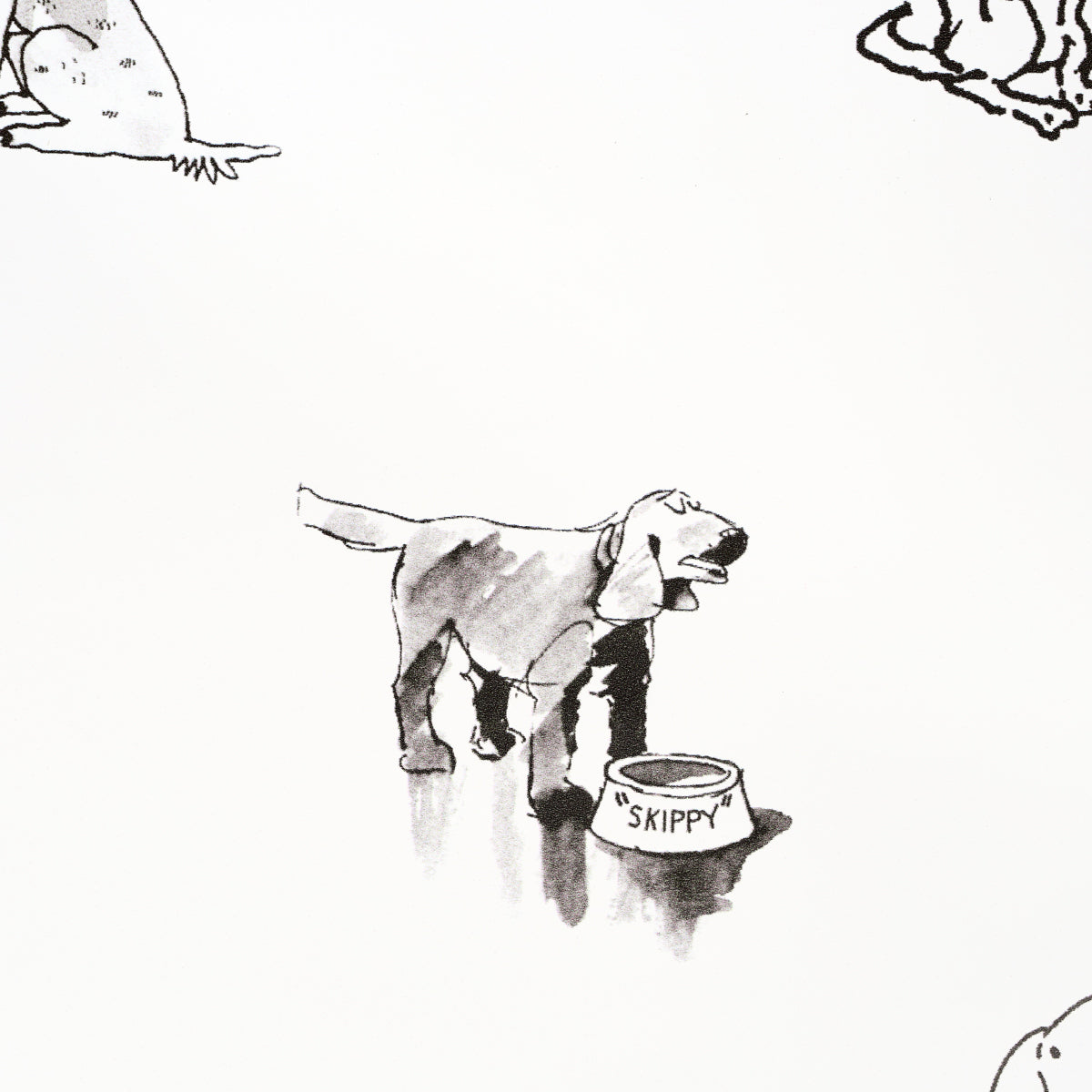 Black-and-white sketch of a dog beside a bowl labeled SKIPPY, with other dogs partly visible at the edges.