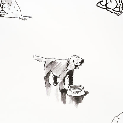 Black-and-white sketch of a dog beside a bowl labeled SKIPPY, with other dogs partly visible at the edges.