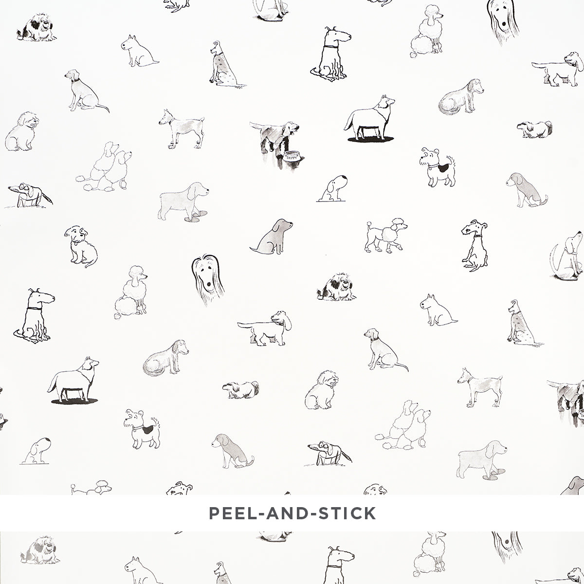 White fabric with a seamless black-and-white pattern of small line-drawn dog illustrations.
