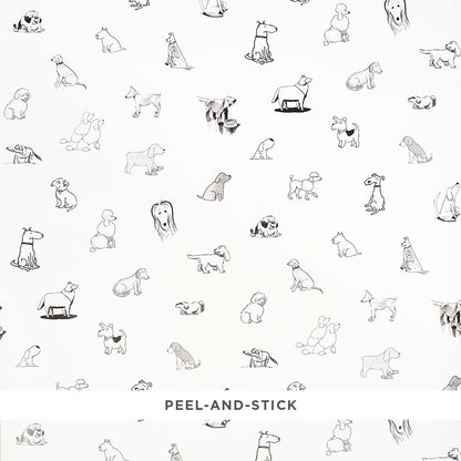 White fabric with a seamless black-and-white pattern of small line-drawn dog illustrations.