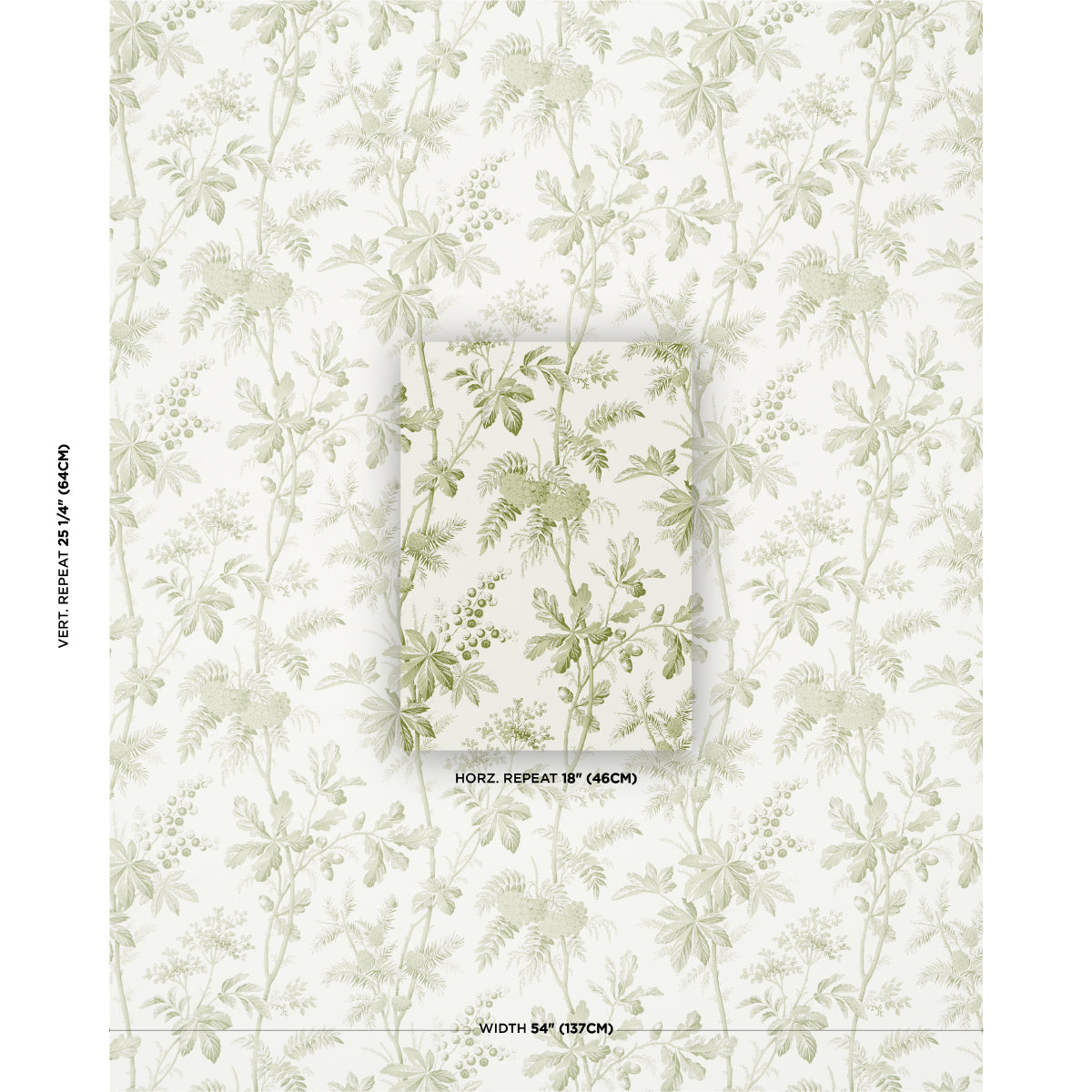Olive-green vine-leaf botanical wallpaper on white; tropical wallcovering with 54" width and 18" repeat.