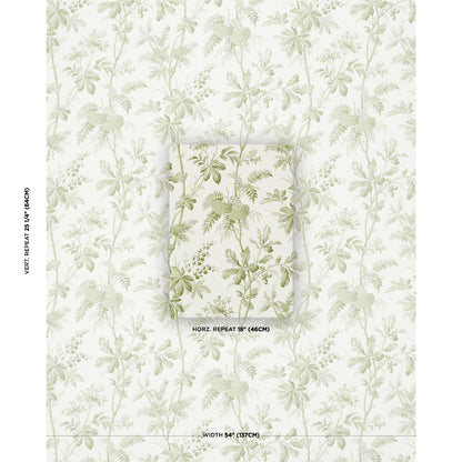 Olive-green vine-leaf botanical wallpaper on white; tropical wallcovering with 54" width and 18" repeat.