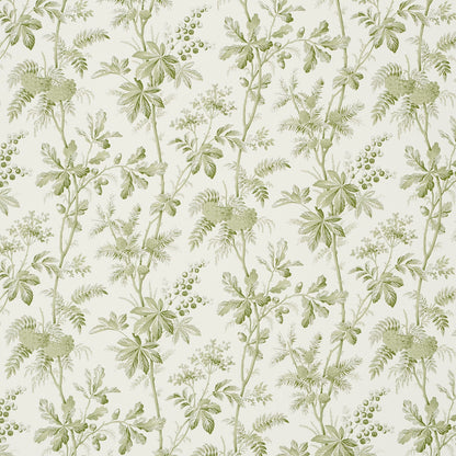 Green botanical pattern with slender stems, leafy branches, and small berry clusters on cream background.
