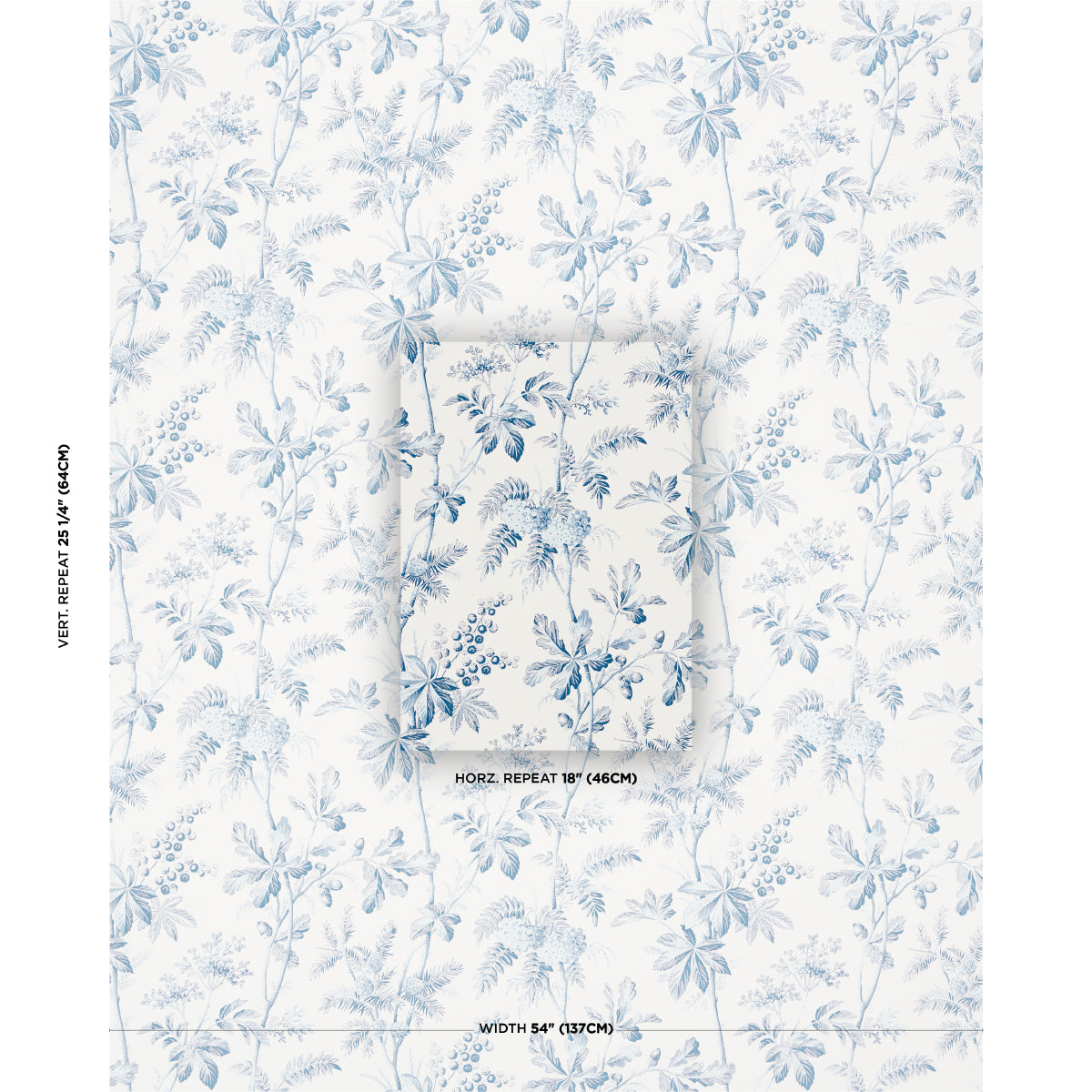 Blue botanical wallpaper with palm and fern leaves in light blue on white; tropical repeat pattern for walls.
