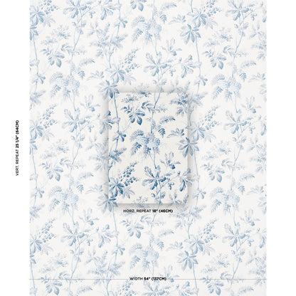 Blue botanical wallpaper with palm and fern leaves in light blue on white; tropical repeat pattern for walls.