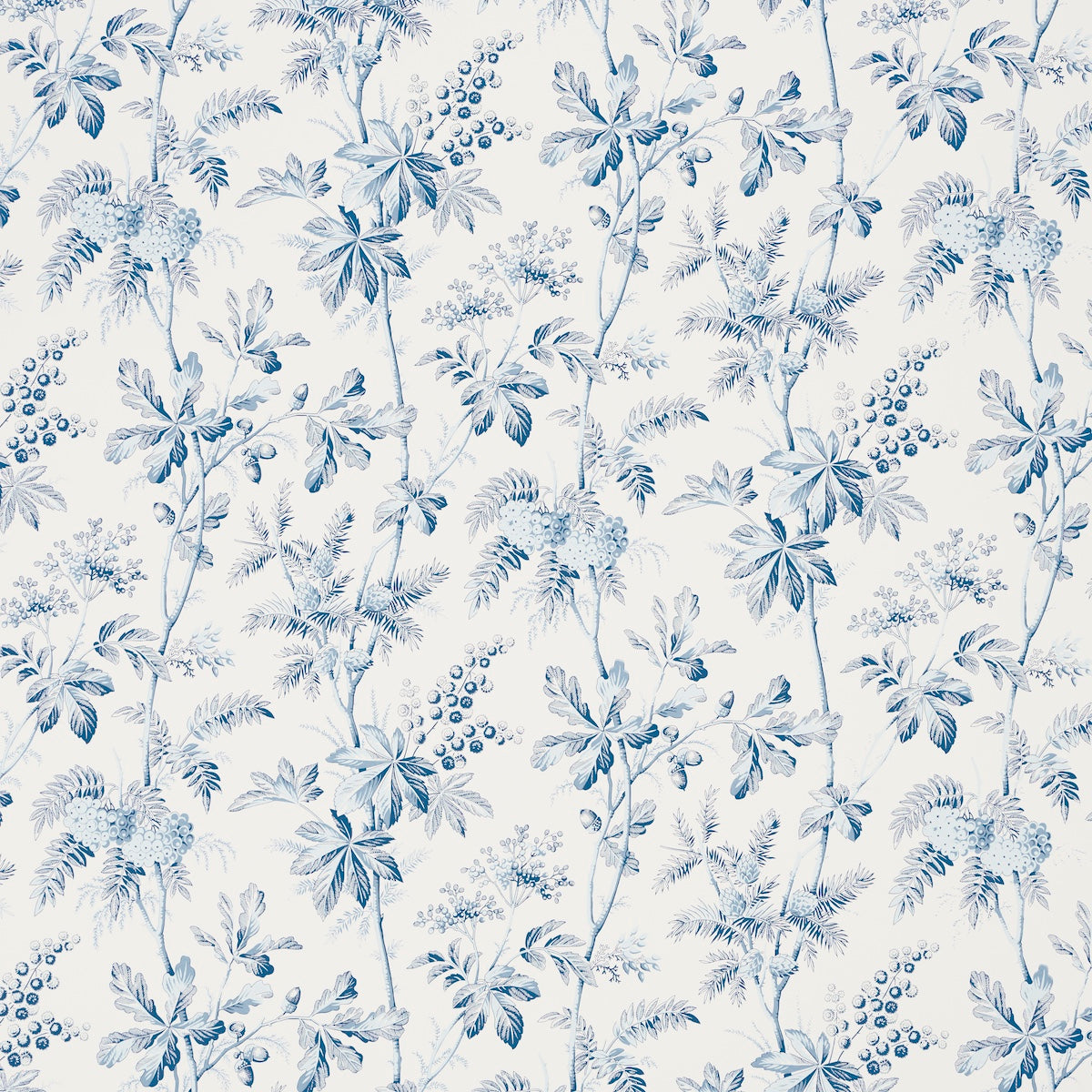 Blue botanical wallpaper pattern with intertwining branches, leaves and berry clusters on white background.