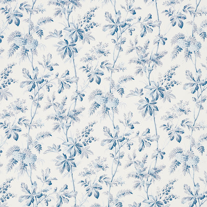 Blue botanical wallpaper pattern with intertwining branches, leaves and berry clusters on white background.