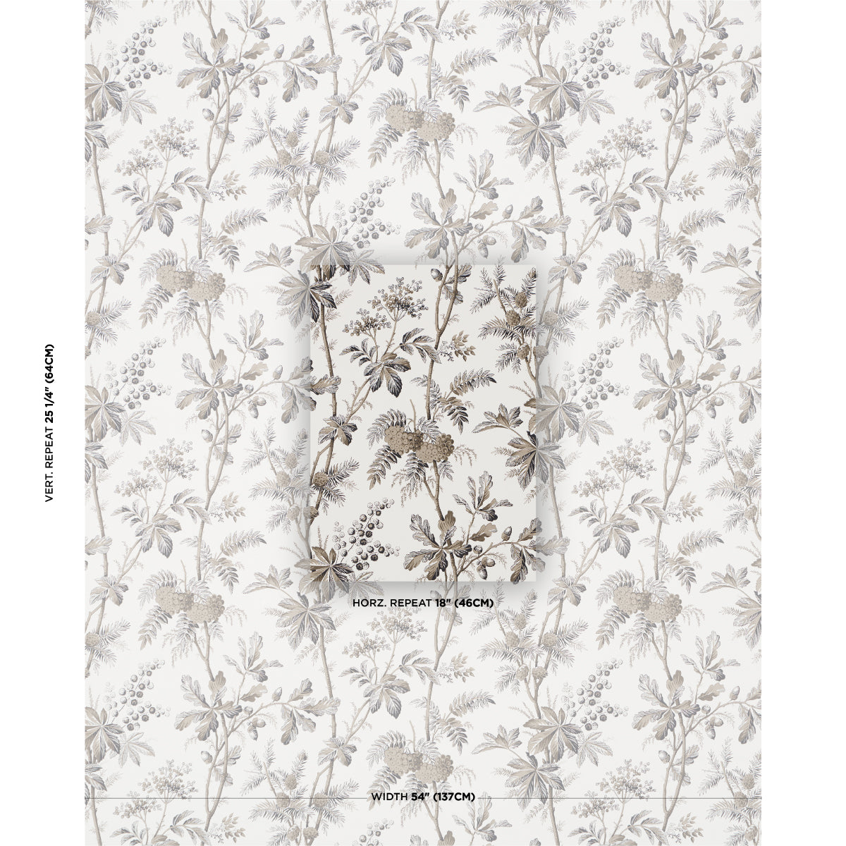 Neutral botanical wallpaper with grey-beige floral stems on white, vintage-inspired wall covering.